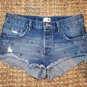 Amuse Studded Low Rise Micro Mini Distressed Denim Jean Shorts Y2K 25 grunge